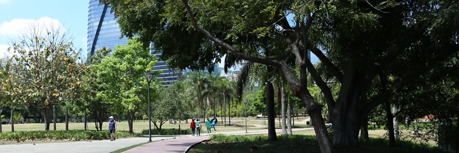 Pessoas caminham, de máscara, no Parque do Povo, cercado de muitas árvores grandes